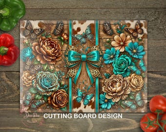 Westerse bloemen snijplank png, coquette cowprint vlinder sublimatie snijplank ontwerp, digitale download