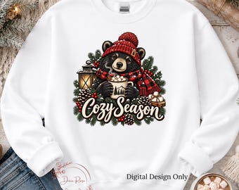 Cozy Season Bear PNG, Winter Hot Cocoa Evergreen Sublimation Design, Christmas Woodland Animal PNG, Digital Download