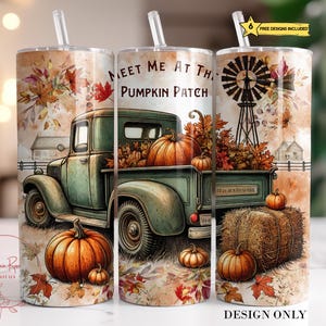 May include: A green vintage truck with a wooden bed filled with pumpkins and autumn foliage. The truck is driving towards a windmill and a barn. The text "Meet Me At The Pumpkin Patch" is written on the side of the truck. The background is a watercolour style with autumn leaves and a light brown colour.