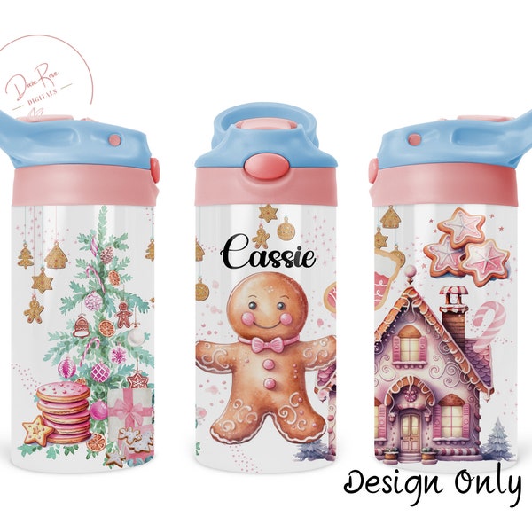 Personalized Kids Gingerbread Man 12 Oz Flip Top Skinny Sublimation Tumbler Wrap, Christmas Pink Gingerbread Man Cup Digital Design