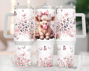 Baby Highland Cow Tumbler Wrap: Pink Butterflies, Flowers Design (PNG Digital Download)