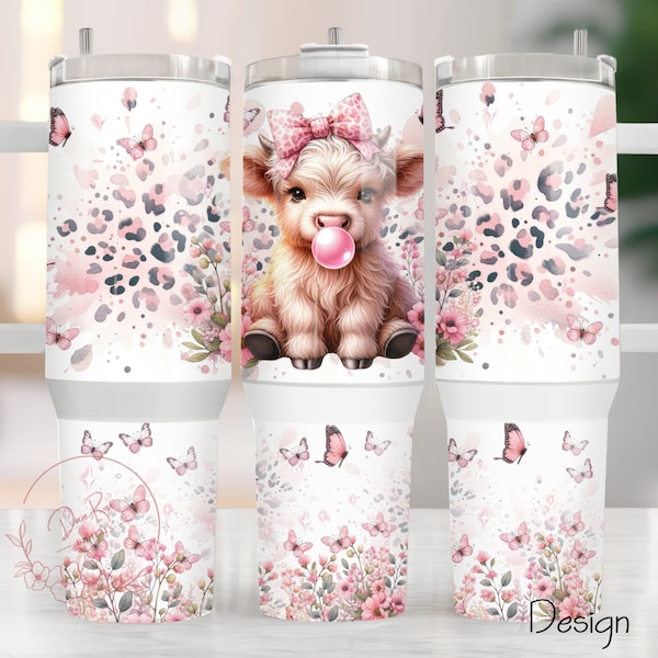 Baby Highland Cow 40oz Tumbler Wrap PNG, Pink Butterflies Sublimation 40 Oz Quencher Tumbler Design, Highland Cow Flowers Tumbler Design