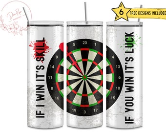 May include: Three white tumblers with a dartboard design and text that reads "If I win it's skill" and "If you win it's luck".