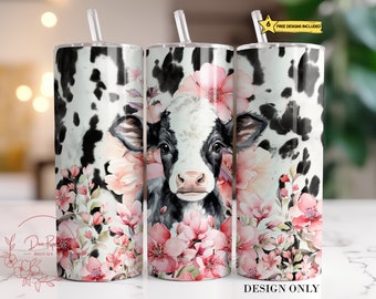 Tumbler Wrap con mucca floreale PNG: design a sublimazione sottile da 20 once (file digitale)
