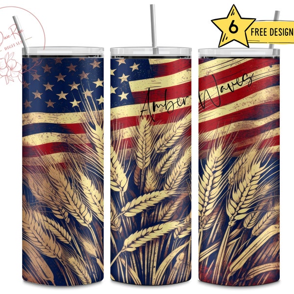 Amber Waves of Grain, Wheat Farmer, Flag, America the Beautiful, 20 Oz Skinny Sublimation Tumbler Wrap Digital Design PNG File Download