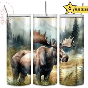 Moose Watercolor, Outdoors, 20 Oz Skinny Sublimation Tumbler Wrap Digital Design PNG File Download
