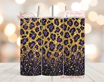 Leopard Print Tumbler Wrap PNG Sublimation Design, Purple Glitter Gold Sparkle Animal Print, Glam Cheetah Digital Download