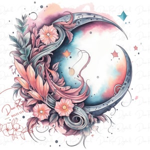 Crescent Moon Flower Celestial PNG Design, Transparent png, Sublimation PNG, T-Shirts, Digital Art PNG File, Instant Digital Download png