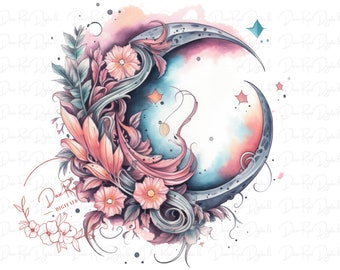 Crescent Moon Flower Celestial PNG Design, Transparent png, Sublimation PNG, T-Shirts, Digital Art PNG File, Instant Digital Download png