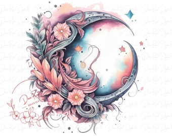 Crescent Moon Flower Wreath PNG: Celestial Design (Digital Download)