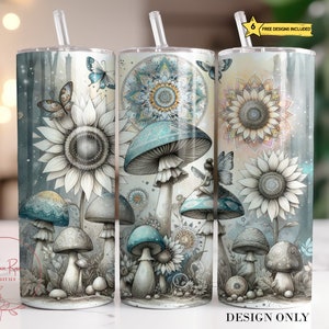 Magical Mushrooms Tumbler Wrap, Fantasy Fairy 20 Oz Skinny Sublimation Tumbler PNG, Mushroom Forest Floral Tumbler Design Tumbler Download