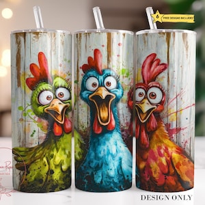 May include: Three stainless steel tumblers with a white woodgrain background and colourful cartoon chickens. The chickens are green, blue and orange with large eyes and open beaks.
