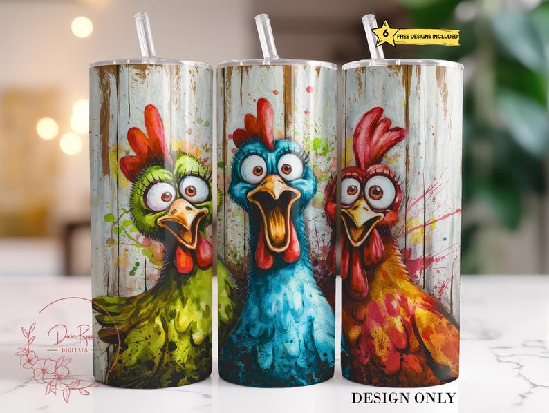 May include: Three stainless steel tumblers with a white woodgrain background and colourful cartoon chickens. The chickens are green, blue and orange with large eyes and open beaks.