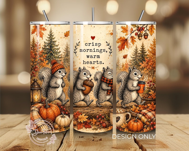 Pode incluir: Um copo cil&iacute;ndrico com palhinha apresentando uma ilustra&ccedil;&atilde;o de outono com esquilos, ab&oacute;boras, pinheiros e folhas ca&iacute;das. O texto diz crisp mornings, warm hearts. O design inclui uma lanterna, bolotas e uma caneca de caf&eacute;.