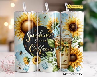 Iced Coffee Tumbler Wrap PNG: Sunflower Sublimation Design (Digital Download)