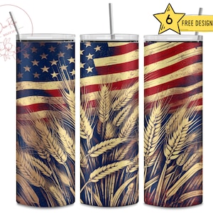 May include: Three stainless steel tumblers with a distressed American flag design and wheat stalks. The tumblers are 20 oz and have a clear lid.