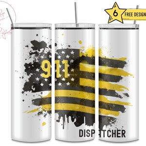 May include: A white tumbler with a black and yellow American flag design with the number 911 and the word "DISPATCHER" printed on the bottom.