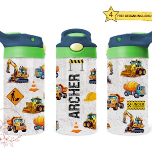 Kids Construction Vehicles 12 Oz Flip Top Skinny Sublimation Tumbler Wrap, Personalize Customize Children&#39;s Names, Toddlers Cup Wrap File