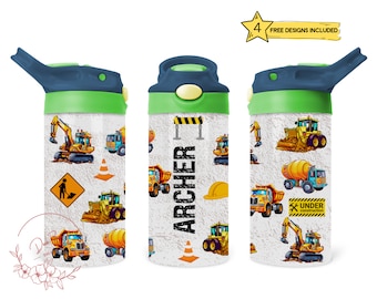 Véhicules de construction pour enfants 12 Oz Flip Top Skinny Sublimation Tumbler Wrap, Personnaliser Personnaliser les noms des enfants, Toddlers Cup Wrap File