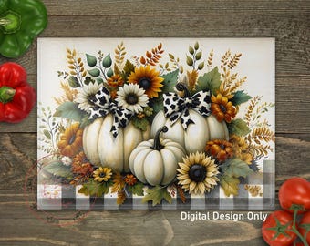 May include: A rectangular decorative cutting board featuring a fall-themed design. The image showcases three white pumpkins adorned with sunflowers, daisies, and a cow-print bow. The words "Digital Design Only" are visible at the bottom.