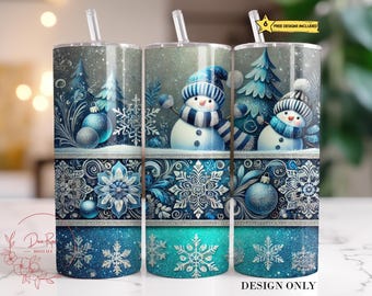 Snowmen Tumbler Wrap: Blue Christmas Snowflakes, 20 Oz Skinny Sublimation Design (PNG Digital Download)