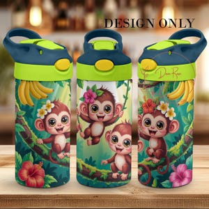 May include: Three water bottles with a jungle theme. Each bottle has a navy blue and lime green lid. The bottles feature cartoon monkeys, flowers, bananas, and tropical foliage. The text "DESIGN ONLY" is visible at the top.