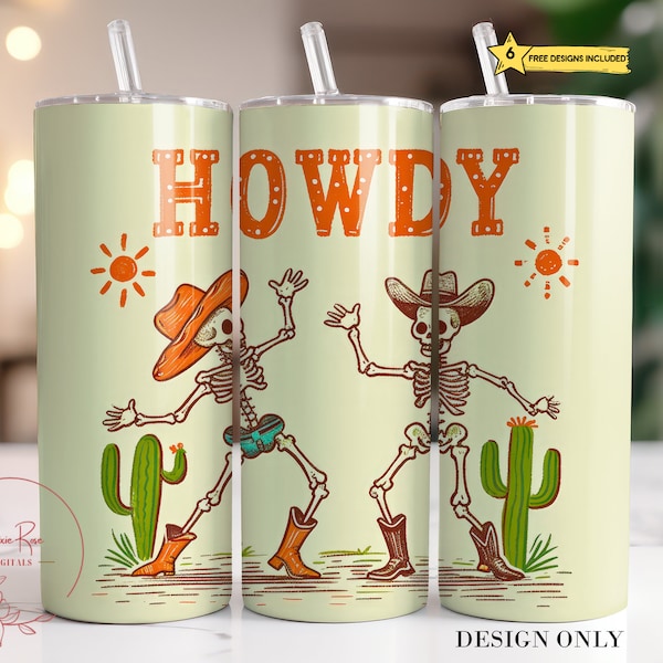 Retro Western Tumbler Wrap, Cute Skeleton 20 Oz Skinny Sublimation Tumbler PNG, Howdy Cowboys Desert Tumbler Design Tumbler PNG Download