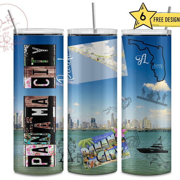 Panama City Beach, FL, Florida, Travel Destination, 20 Oz Skinny Sublimation Tumbler Wrap Digital Design PNG File Download