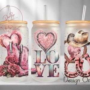 Cowgirl Country Libbey Glass Wrap, Valentine&#39;s Day 16 Oz Glass Can Wrap PNG, Boots Hearts Glass Tumbler Wrap, Glass Can Sublimation Wrap
