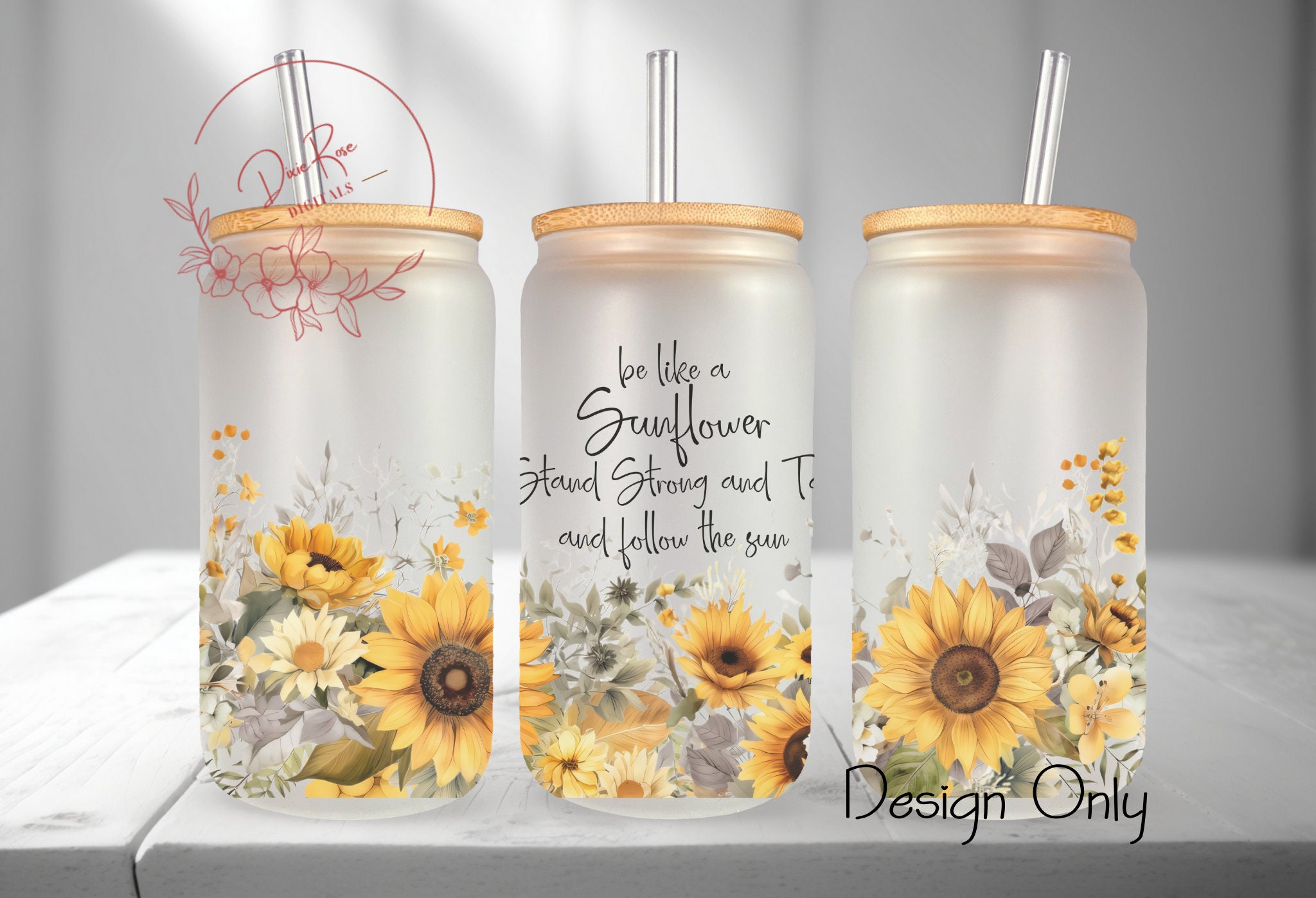 Sunflower Design 16oz Frosted Glass Can Cup with Bamboo Lid and Straw – The  Water Lily Co