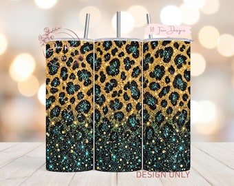 Leopard Print Tumbler Wrap PNG Sublimation Design, Teal Glitter Gold Sparkle Animal Print, Turquoise Cheetah Digital Download