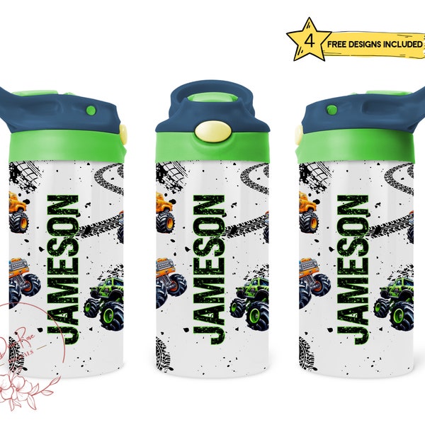 Kids Monster Trucks 12 Oz Flip Top Skinny Sublimation Tumbler Wrap, Personalize Customize With Children's Names, Toddlers Cup Wrap File