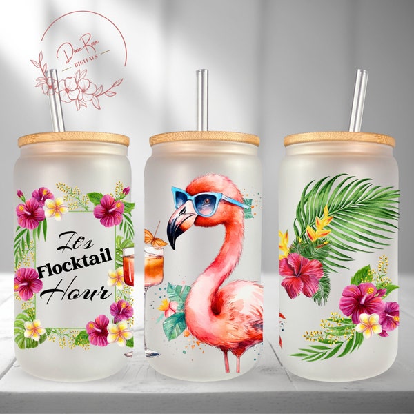 Funny Flamingo 16 Oz Libbey Glass PNG, Cocktail Summer Libbey Can Wrap, Sublimation PNG Design, Frosted Glass Tumbler Cup Digital Download