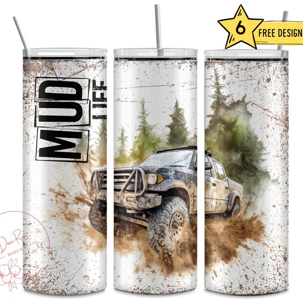 Off Road Mud Trucks, 4 x 4 Mudding, 20 Oz Skinny Sublimation Tumbler Wrap, Digital Design Tumbler PNG File Download