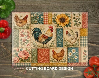 Rooster PNG Glass Cutting Board PNG, Cottagecore Floral Kitchen Sublimation Design PNG, Digital Download