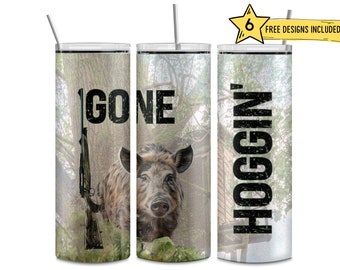 May include: Three stainless steel tumblers with a hunting theme. The tumblers feature a camouflage background with a wild boar, a rifle, and the text "Gone Hoggin'" in black.