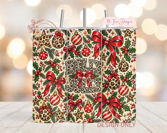 Holly Jolly Leopard Print PNG Tumbler Wrap, Christmas Bow Ornament Sublimation PNG Design, Digital Download
