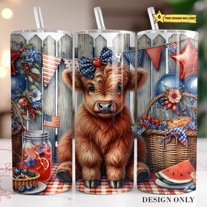 Highland Cow Patriotic Tumbler Wrap PNG, Coquette 4th of July Skinny Tumbler Sublimation Design, Cute American Cow Tumbler PNG Design