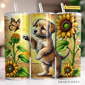 Puppy Sunflowers Tumbler Wrap PNG, Cute Dog 20 Oz Skinny Sublimation Tumbler PNG, Seamless Butterflies Tumbler Design Digital Download