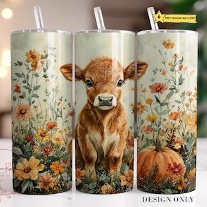 May include: A stainless steel tumbler featuring a design of a brown and white calf standing in a field of wildflowers. The tumbler comes with a straw and a lid.