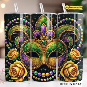 Mardi Gras Tumbler Wrap PNG Design, Mardi Gras 20 Oz Tumbler Sublimation Designs, NOLA Mask Beads Tumbler Design PNG Digital Download