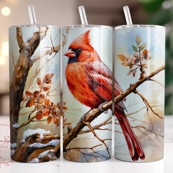 Christmas Red Cardinal Tumbler Wrap, 20 Oz Skinny Sublimation Tumbler Design, Christmas Winter Red Cardinal PNG Digital File Download