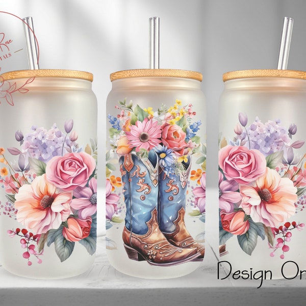 Cowgirl Boots 16 Oz Libbey Glass PNG, Country Flowers Can Wrap Sublimation PNG Design, Rustic Cowboy Boots Glass Tumbler Cup Digital