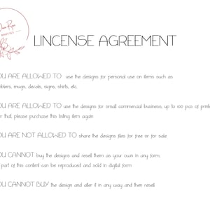 May include: A white background with black text outlining the terms of a license agreement for digital designs. The text states that the designs can be used for personal use on items such as tumblers, mugs, decals, signs, shirts, etc. The text also states that the designs can be used for small commercial businesses, up to 100 pieces of printed items. The text also states that the designs cannot be shared for free or for sale, cannot be resold as your own, and cannot be altered and then resold.