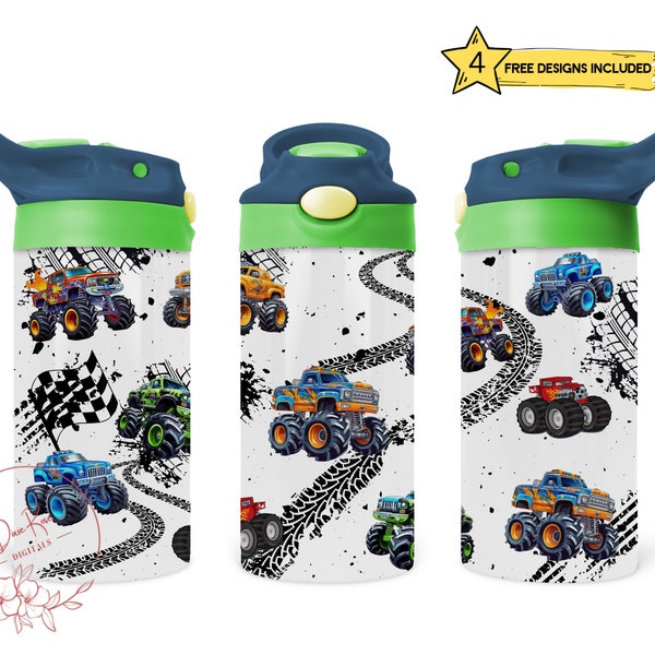 Monster Trucks Racing Kids 12 Oz Flip Top Skinny Sublimation Tumbler Wrap, Children's, Toddlers Cup Wrap File