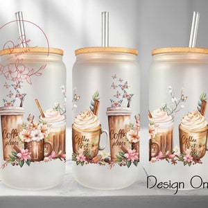 May include: Three frosted glass tumblers with bamboo lids and clear straws. Each tumbler features a different design with coffee cups, whipped cream, cinnamon sticks, and floral accents. The text on the tumblers reads "Coffee first" and "Coffee please".