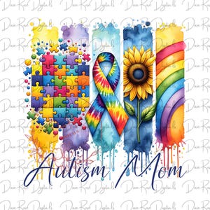 This PNG design features a vibrant and colorful composition celebrating Autism awareness. It includes a jigsaw puzzle pattern with a mix of colors, a multicolored ribbon representing autism, a bright sunflower, and a rainbow, all against a black background with watercolor splashes. The words "Autism Mom" are prominently displayed at the bottom, symbolizing support and recognition for mothers of children with autism.