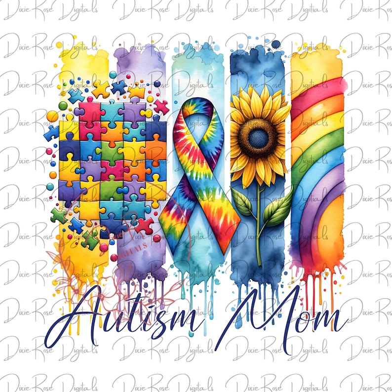 This PNG design features a vibrant and colorful composition celebrating Autism awareness. It includes a jigsaw puzzle pattern with a mix of colors, a multicolored ribbon representing autism, a bright sunflower, and a rainbow, all against a black background with watercolor splashes. The words "Autism Mom" are prominently displayed at the bottom, symbolizing support and recognition for mothers of children with autism.