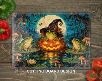 Halloween Frog PNG Glass Cutting Board PNG, Seasonal Cute Frogs Kitchen Baking Sublimation Design, Digital Download