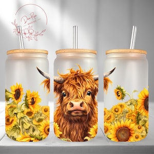 Baby Highland Cow, Sunflowers 16 Oz Libbey Glass PNG, Libbey Can Wrap Sublimation PNG Design, Frosted Glass Tumbler Cup Digital Download PNG